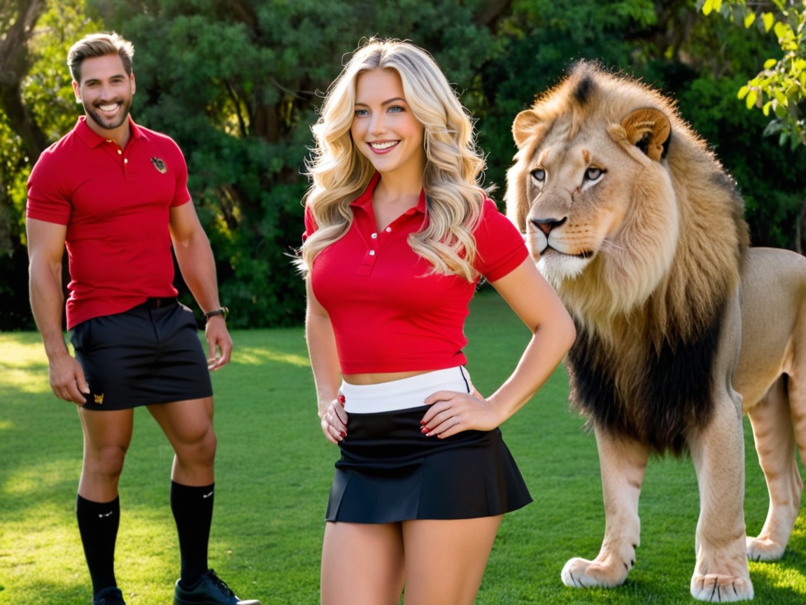 Confident Pair Poses with Majestic Lion Outdoors