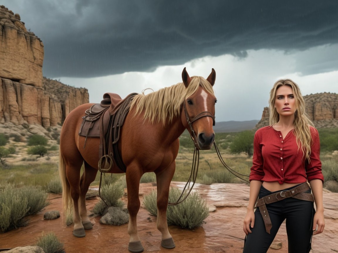 Woman in Red Shirt with Brown Horse in Rugged Landscape
