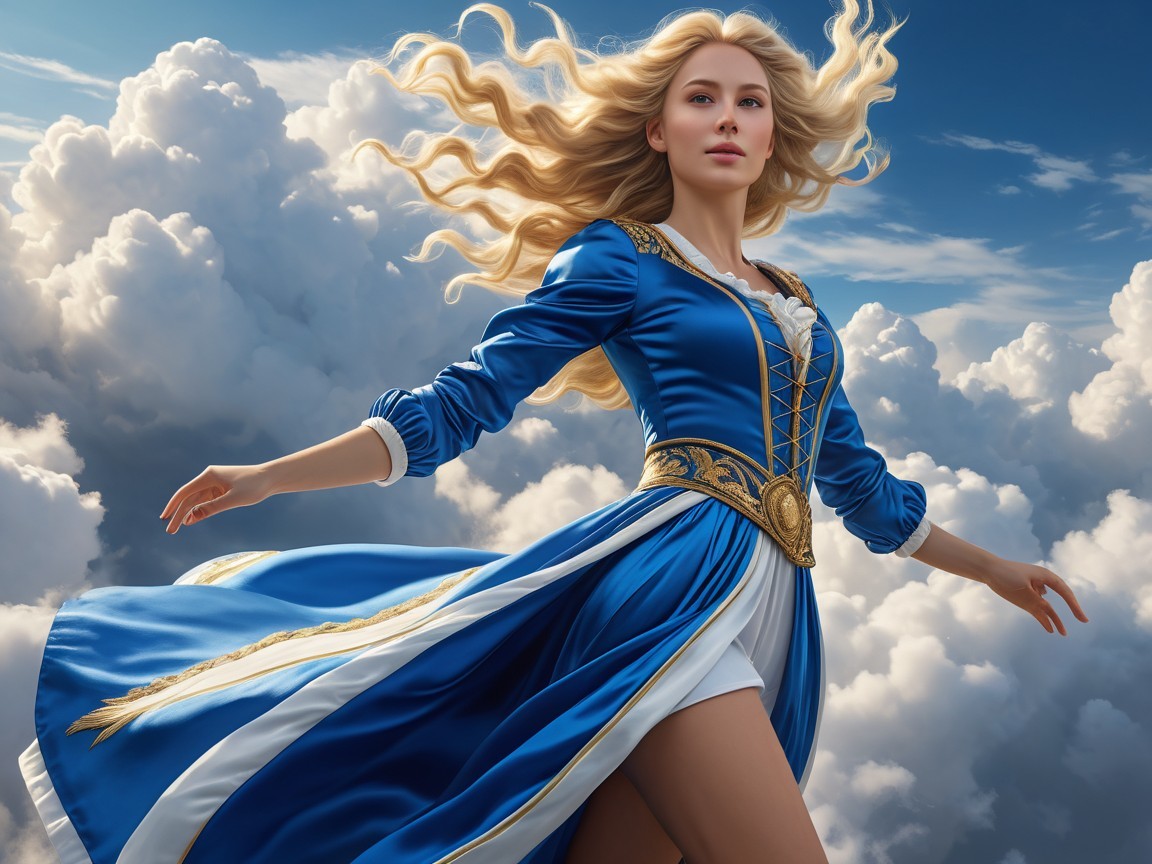 Young woman in blue dress against cloud backdrop