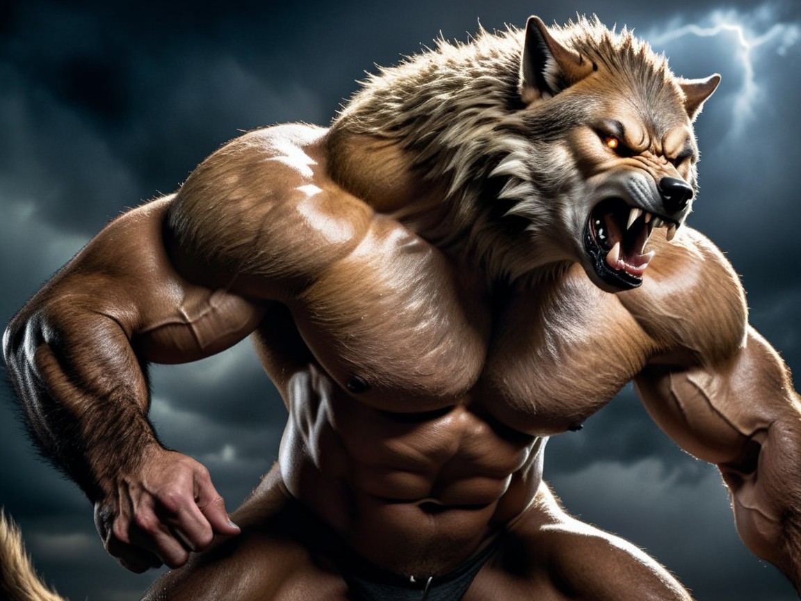 Hybrid Human-Wolf Figure in Stormy Background