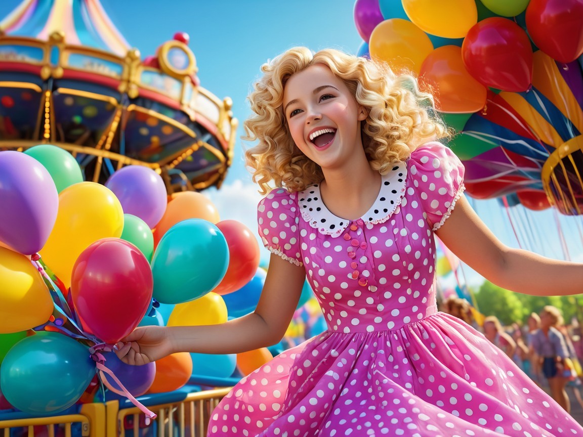 Joyful Girl in Pink Dress at Vibrant Carnival Scene
