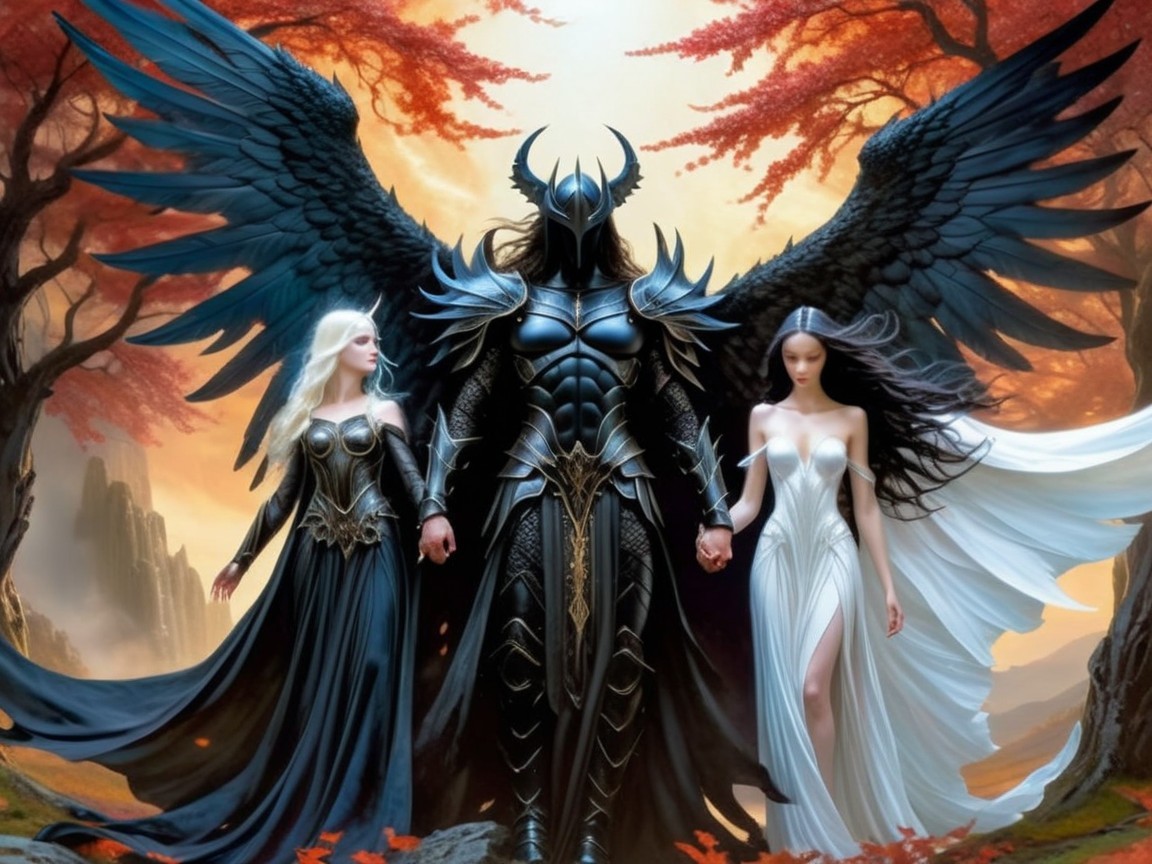 Mystical Landscape with Armored Figure and Ethereal Women