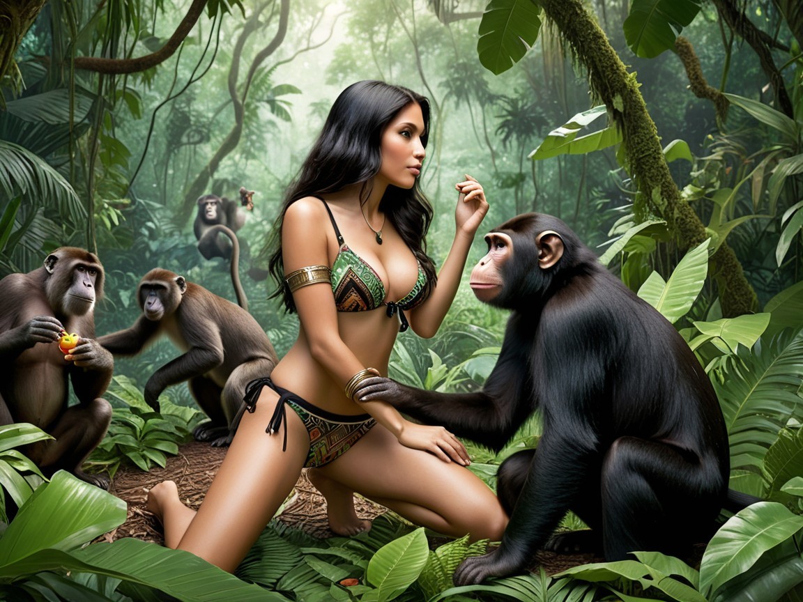 Woman in Bikini with Chimpanzee in Jungle Setting