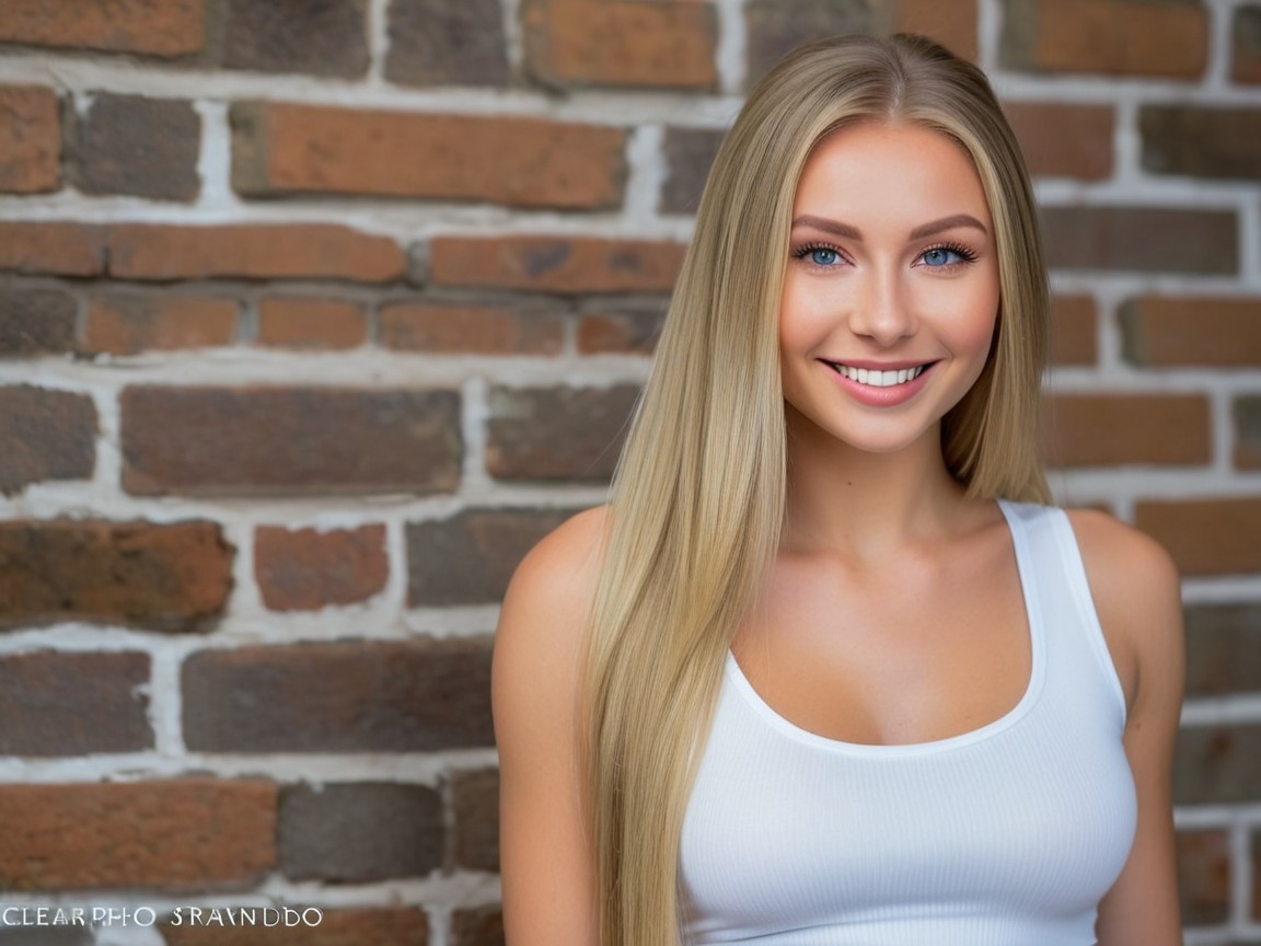 Young Woman with Blonde Hair Against Brick Wall