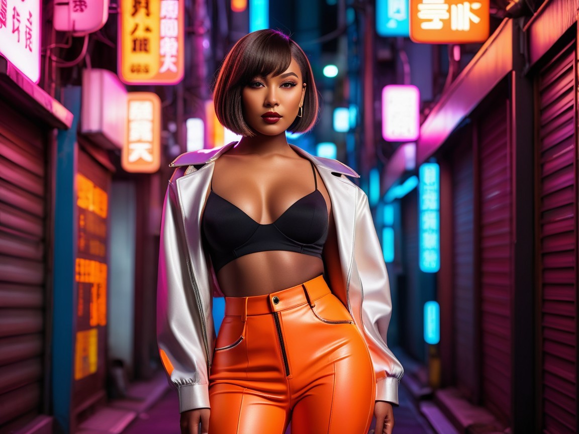 Stylish Individual in Neon Alley with Bold Outfit