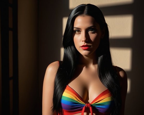 Young woman in rainbow bikini with striking features