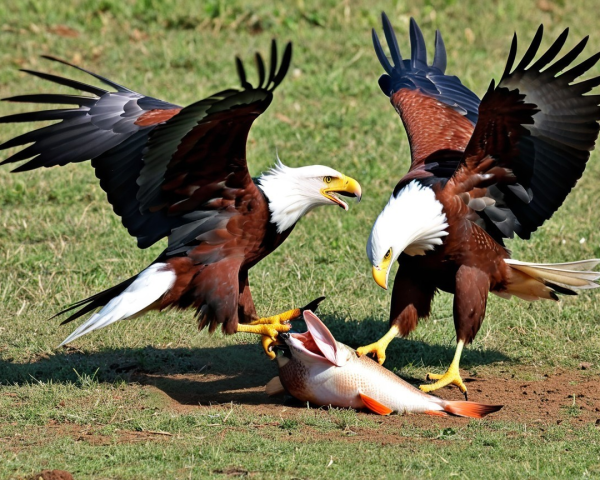 Eagles Compete for Fish on Green Grass Background