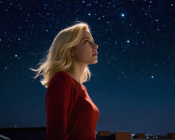 Woman in Reddish Sweater Against Starry Night Sky