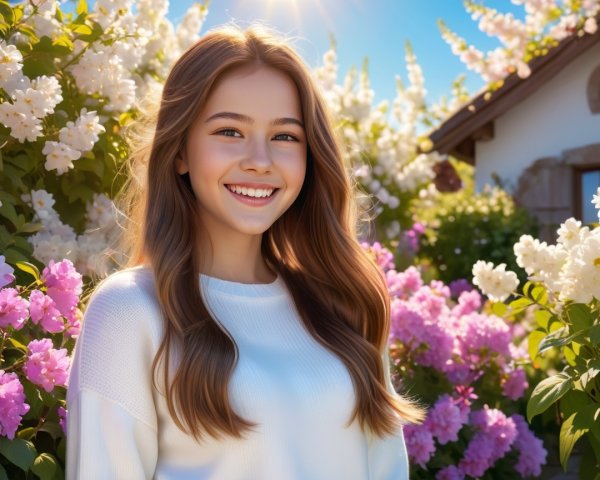 Cheerful girl in vibrant garden with blooming flowers