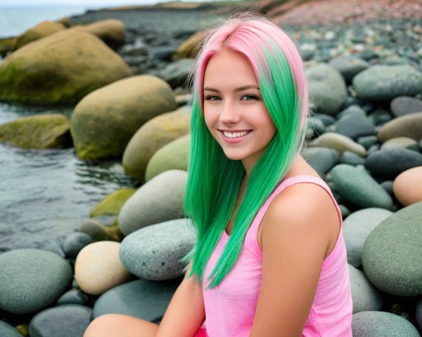 Young woman with colorful hair by the water's edge