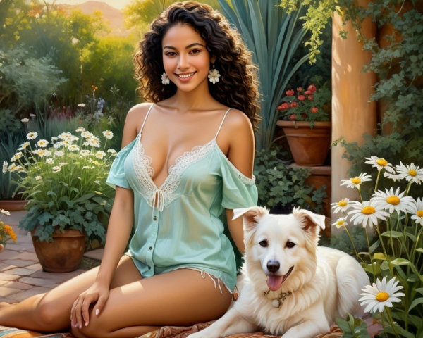 Woman with Curly Hair in Serene Garden Setting