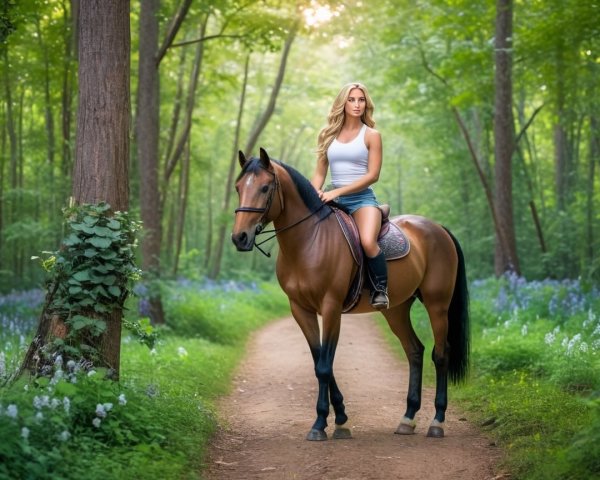 Young Woman Riding Horse on Forest Path