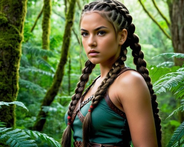 Young woman in warrior attire among dense forest foliage