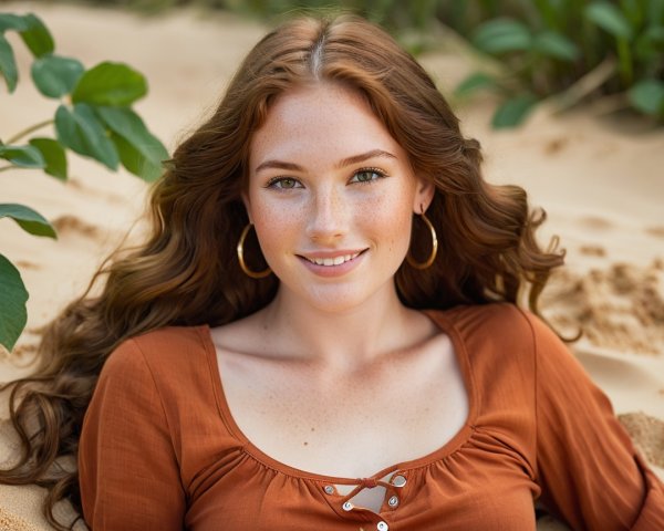 Young woman with reddish-brown hair in natural setting