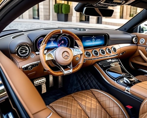 Luxurious Car Interior with Leather and Wood Accents