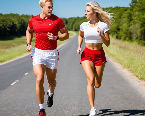 Young Adults Jogging on a Scenic Tree-Lined Road