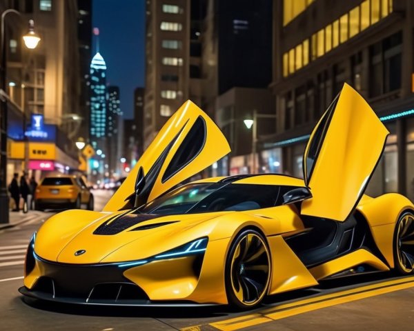 Futuristic Yellow Sports Car with Butterfly Doors at Night