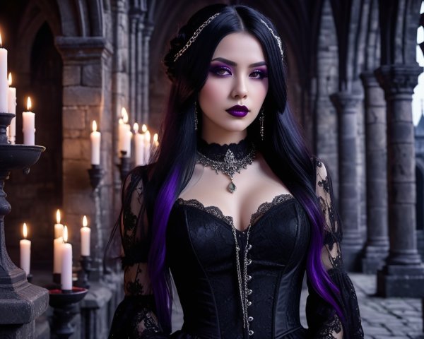 Young Woman in Black Corset Dress in Stone Cloister