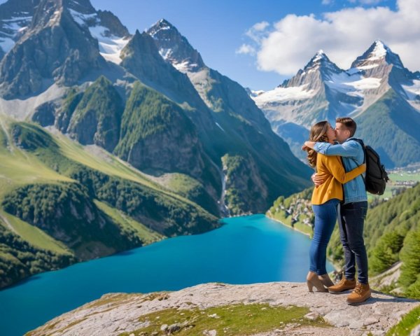 Couple Embracing on Rocky Overlook with Lake View