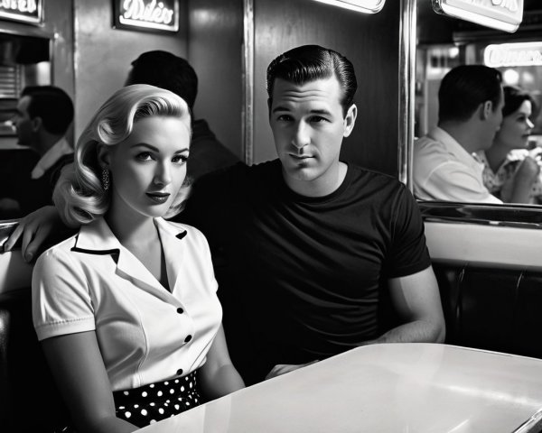 Retro Diner Scene with Glamorous Couple in Black and White