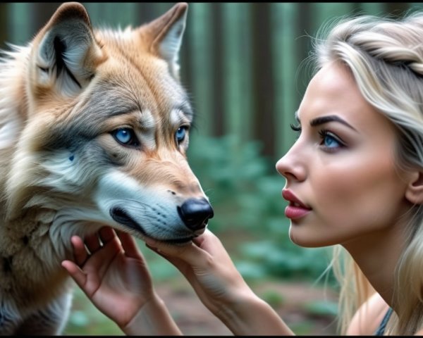 Woman and Wolf in a Serene Wooded Setting