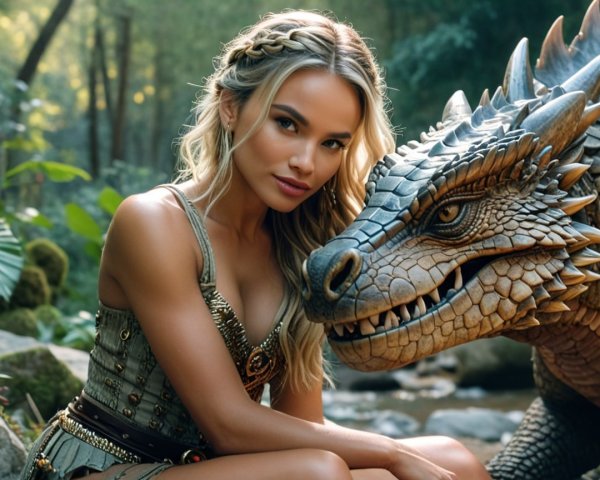 Confident Woman and Majestic Dragon in Enchanted Forest