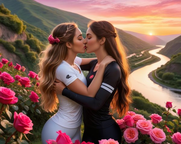 Women kissing in a rose-filled sunset landscape
