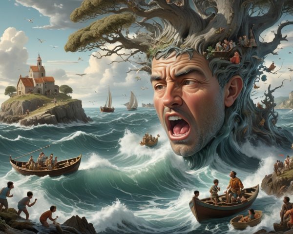 Surreal Scene of Face in Tree with Coastal Village