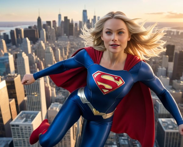 Heroic Figure in Blue Suit Above City Skyline