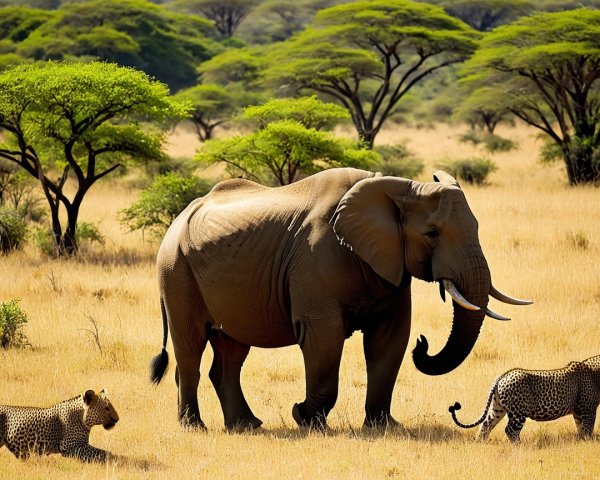 Elephant and Leopards in African Savanna Landscape
