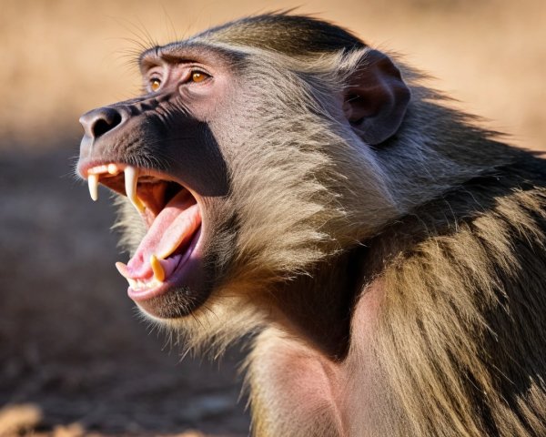 Profile of a Baboon with Open Mouth and Sharp Teeth