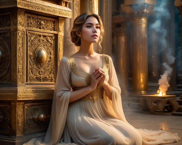Serene Young Woman in Ornate Temple Setting