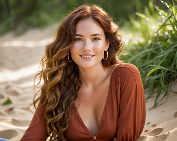 Young woman with auburn hair in natural setting
