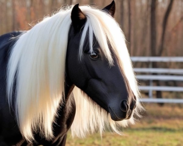 Black Horse with White Mane in Serene Setting
