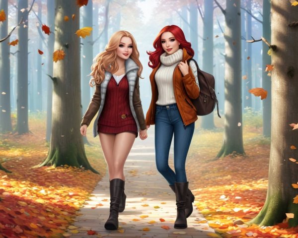 Stylish Women Walking on Autumn Forest Path