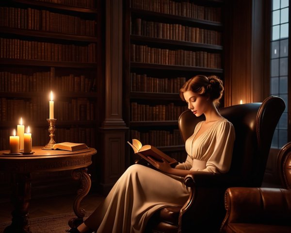 Woman in White Dress Reading in Dim Library Setting