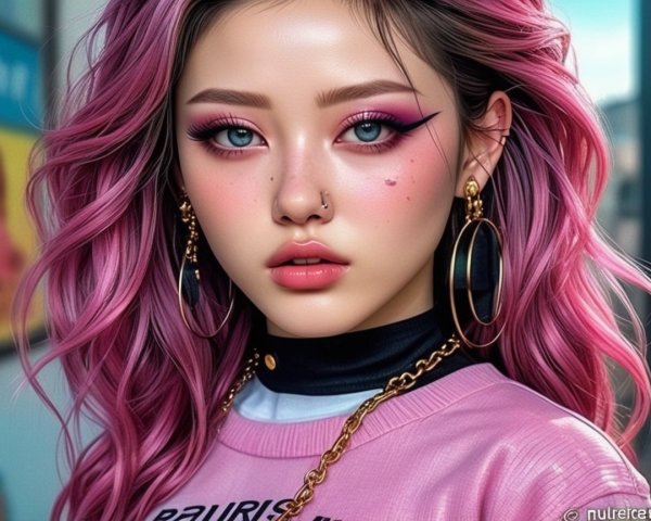 Young woman with pink hair and striking makeup
