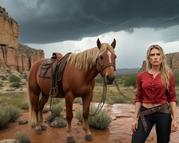 Woman in Red Shirt with Brown Horse in Rugged Landscape