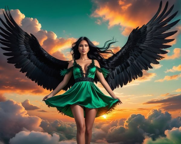 Figure with Black Wings in Vibrant Sunset Clouds