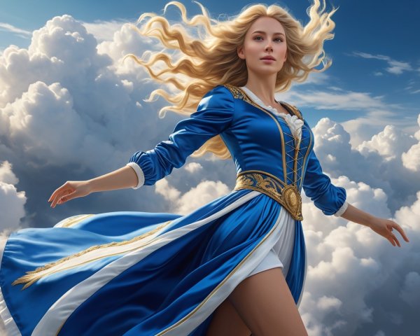 Young woman in blue dress against cloud backdrop