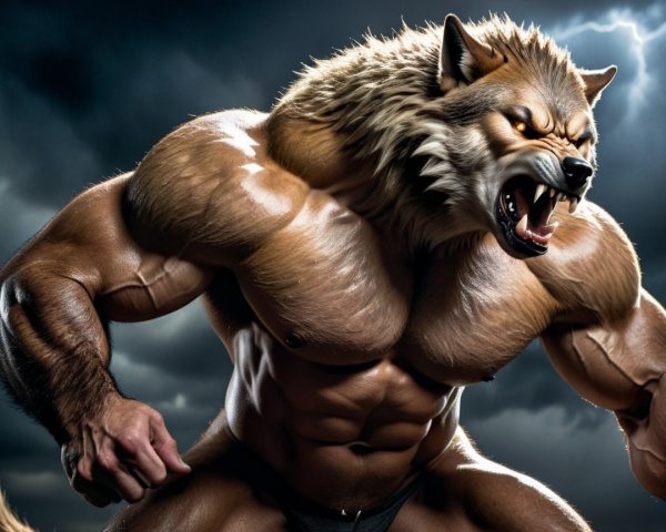 Hybrid Human-Wolf Figure in Stormy Background