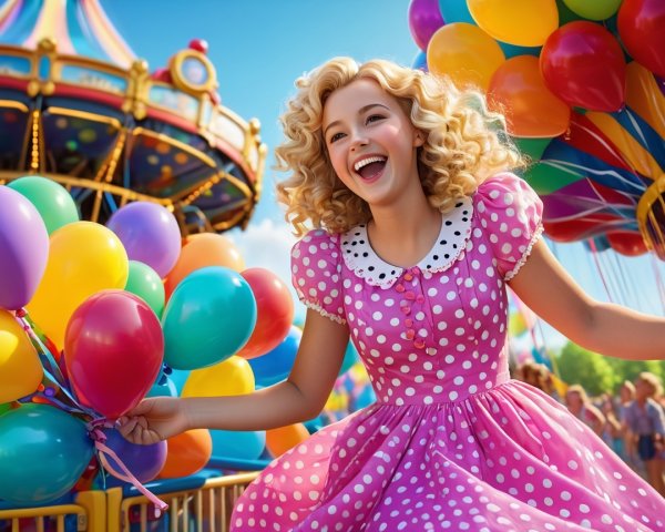 Joyful Girl in Pink Dress at Vibrant Carnival Scene