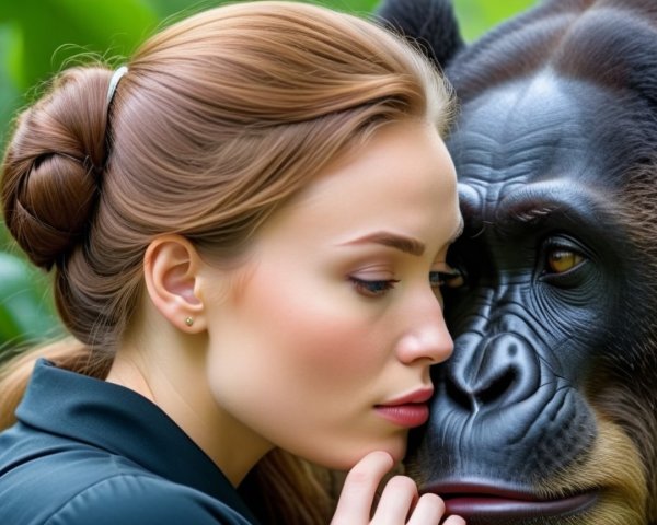 Young Woman and Gorilla in Poignant Profile Scene