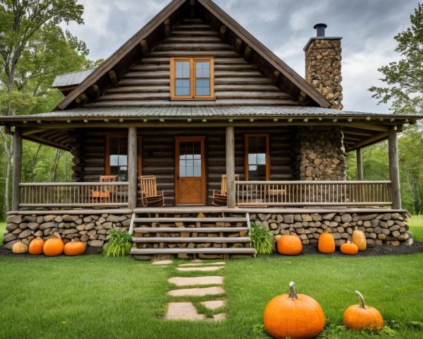 Charming log cabin in a lush green landscape