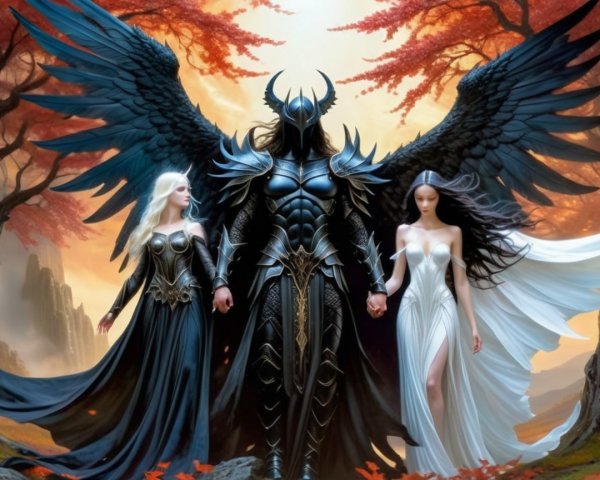 Mystical Landscape with Armored Figure and Ethereal Women