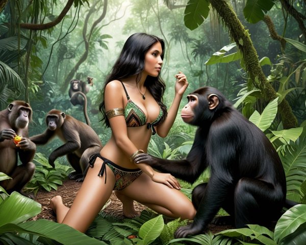 Woman in Bikini with Chimpanzee in Jungle Setting