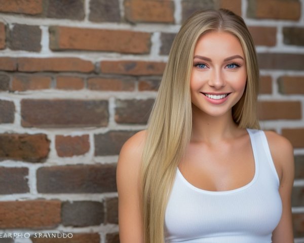 Young Woman with Blonde Hair Against Brick Wall