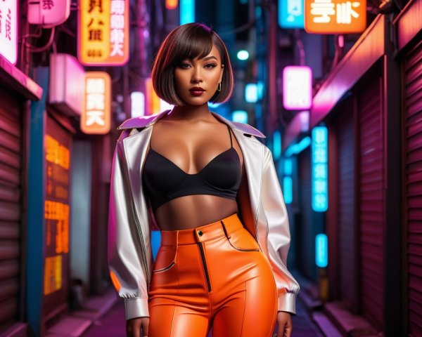 Stylish Individual in Neon Alley with Bold Outfit