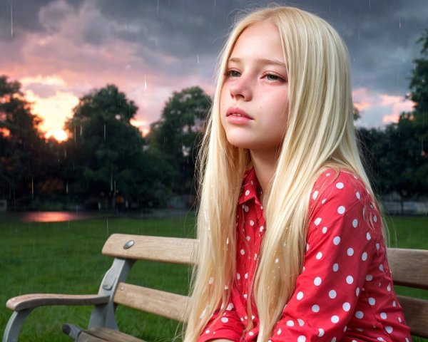 Girl with Blonde Hair on Bench in Rainy Park
