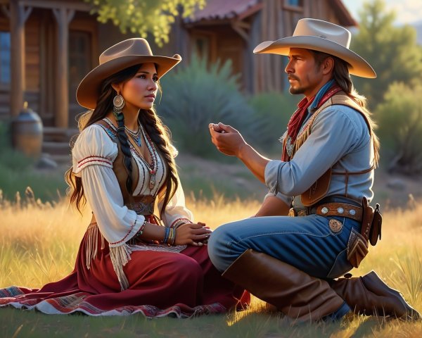Cowboy and Woman in Traditional Attire in Outdoor Scene